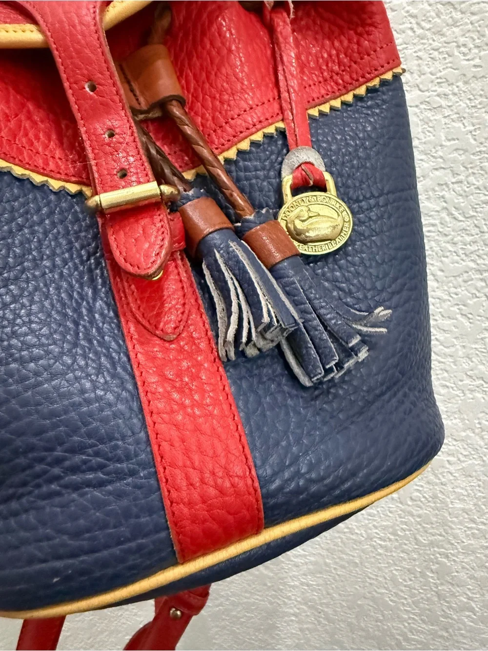 Rare Vintage DOONEY & BOURKE Teton AWL Lipstick Red Navy Yellow Leather Backpack